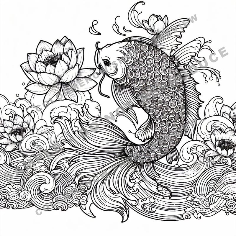 Inked Realms – Japanese Koi Ink Designs Coloring Pages - Sample Page 1