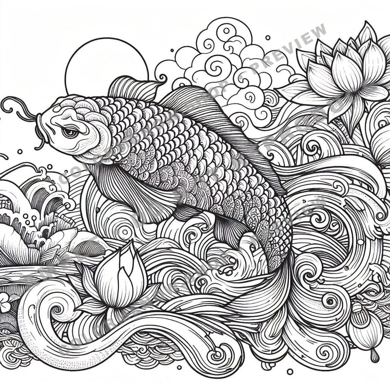 Inked Realms – Koi Coloring Pages - Sample Page 1