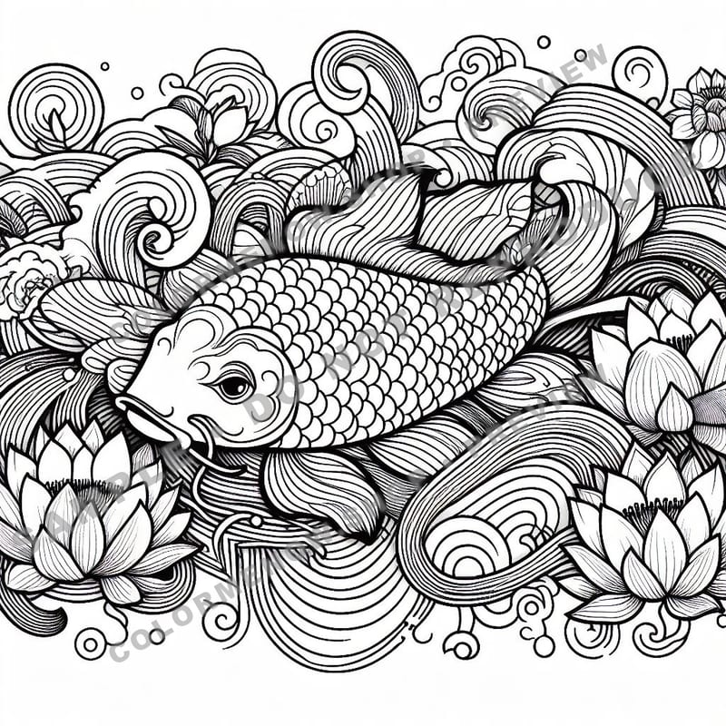 Inked Realms – Koi Coloring Pages - Sample Page 2