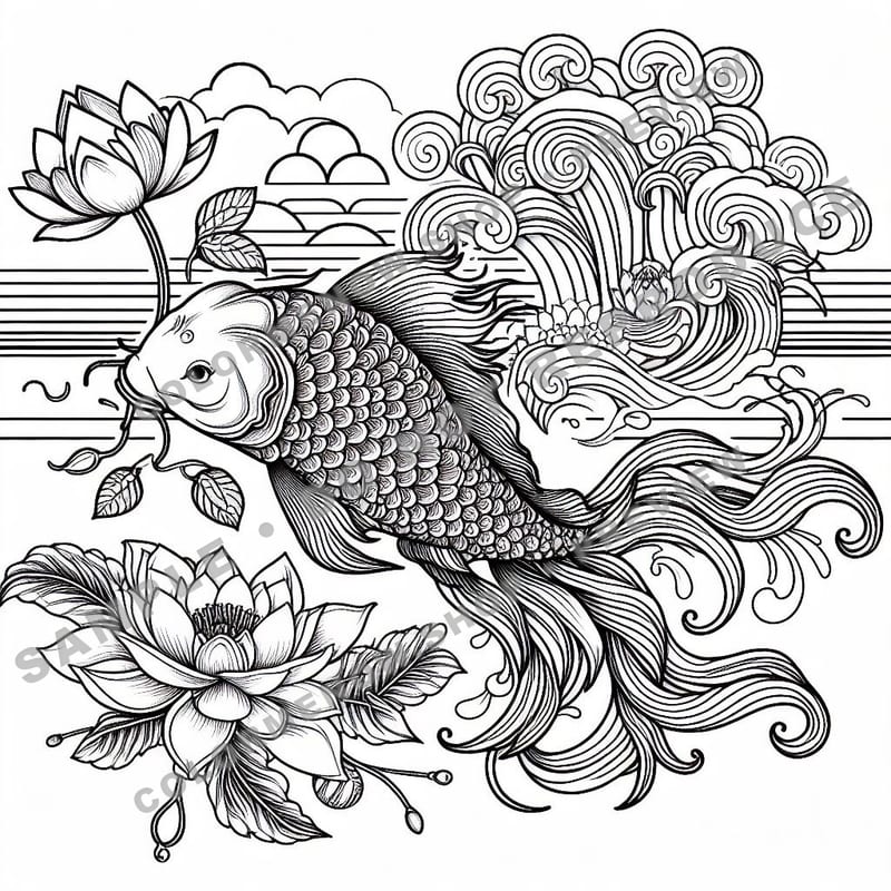 Inked Realms – Koi Coloring Pages - Sample Page 3