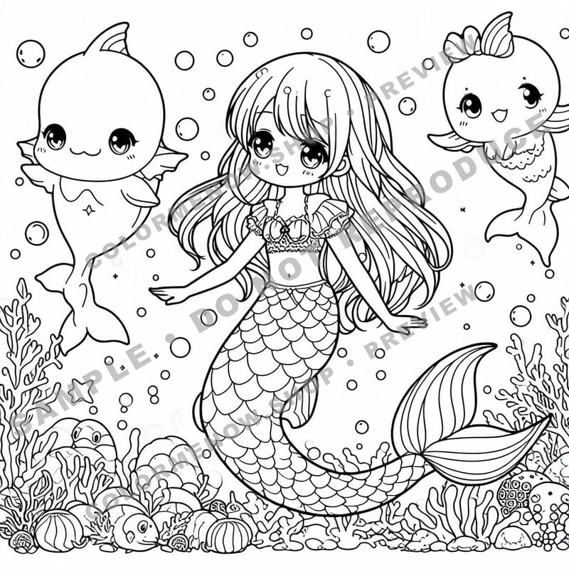 Magical Mermaid Friends Coloring Pages - Sample Page 1