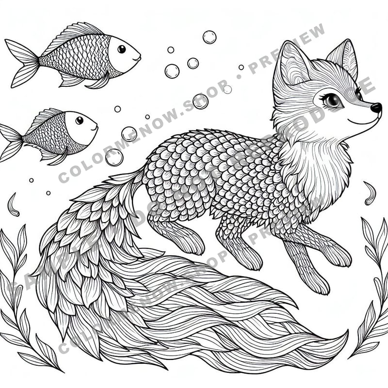 Mythical Aqua Fox Coloring Pages - Sample Page 1