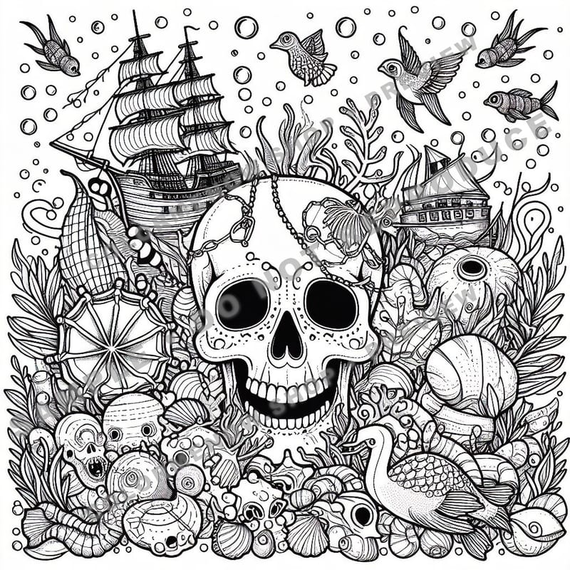 Skull Realms: Abyssal Treasure Coloring Pages - Sample Page 3