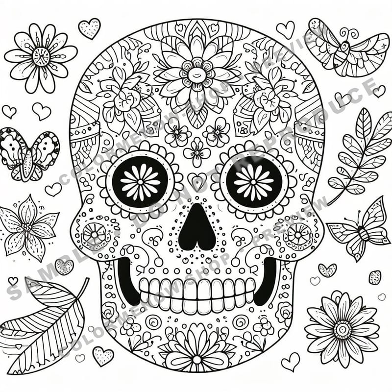 Skull Realms: Floral Harmony Coloring Pages - Sample Page 1