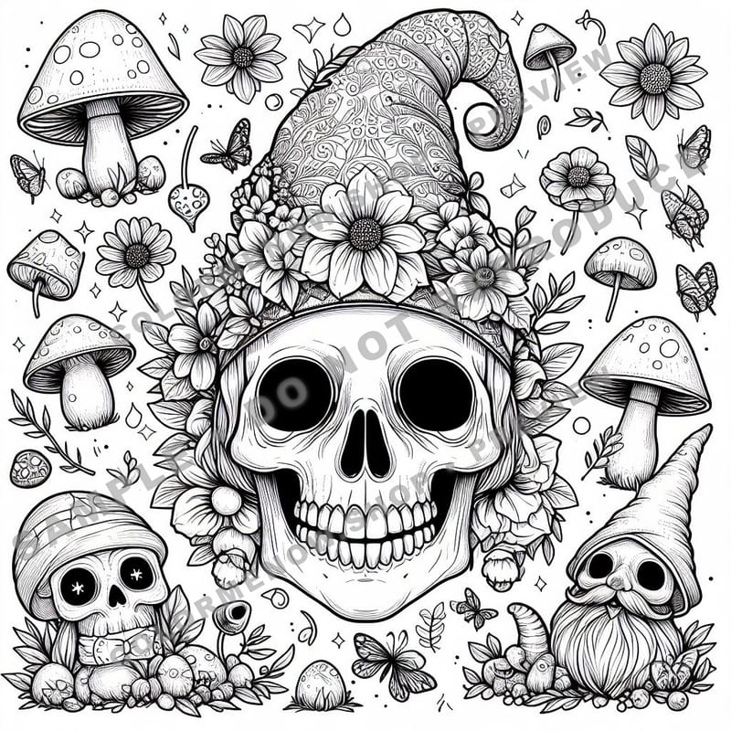 Skull Realms: Gnome Garden Mystique Coloring Pages - Sample Page 1
