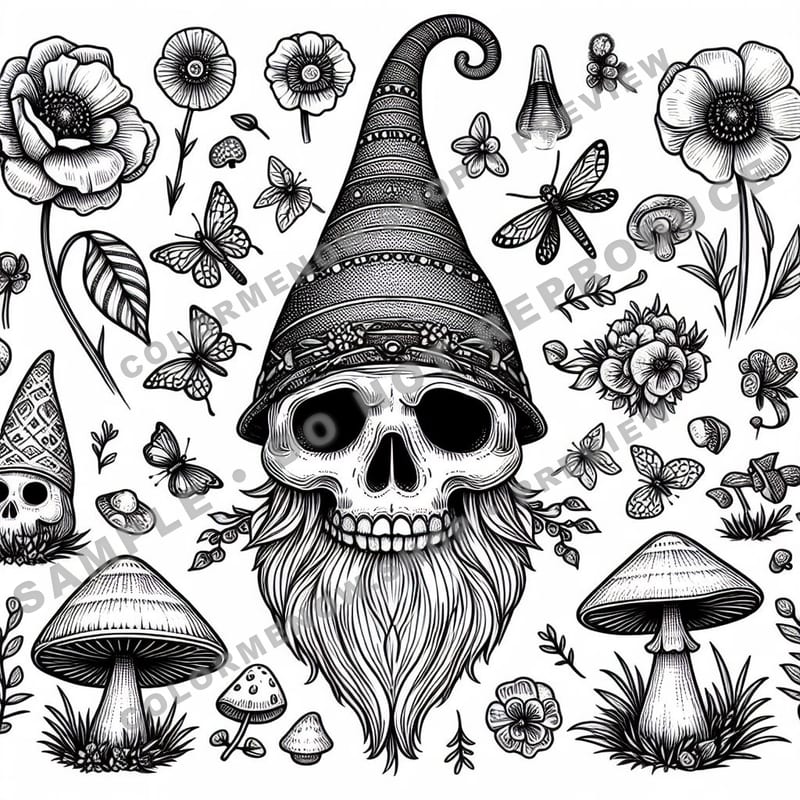 Skull Realms: Gnome Garden Mystique Coloring Pages - Sample Page 2
