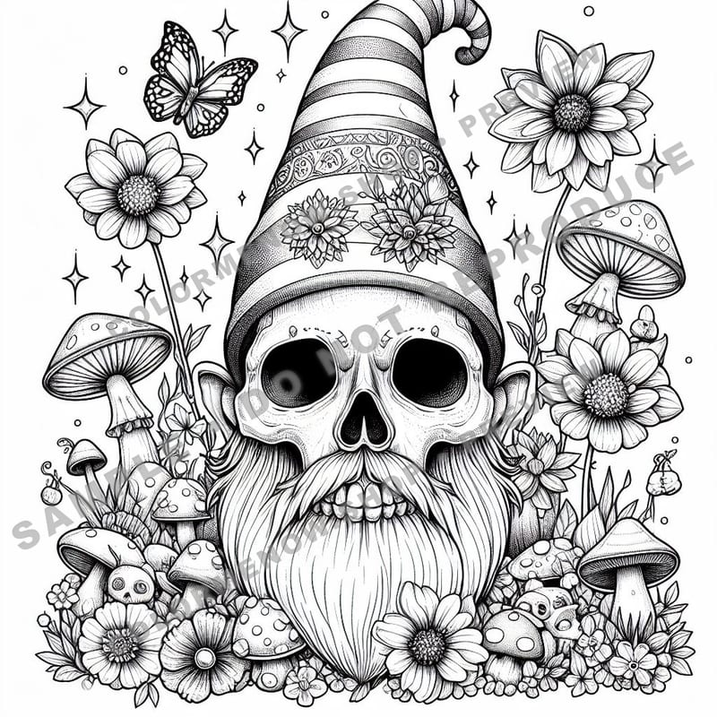 Skull Realms: Gnome Garden Mystique Coloring Pages - Sample Page 3