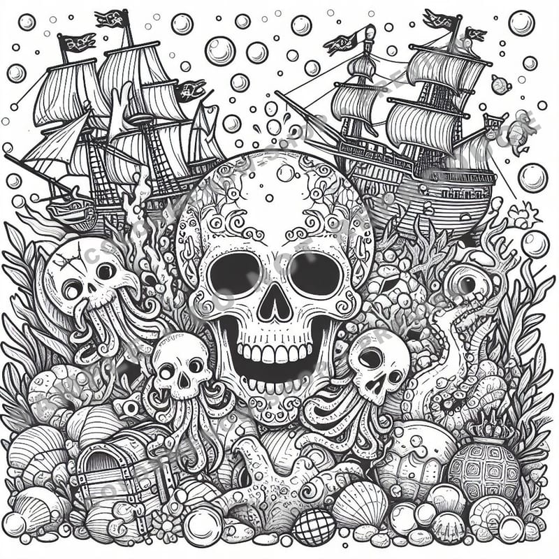 Skull Realms: Sunken Treasure Coloring Pages - Sample Page 1