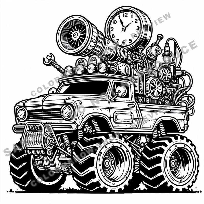 Time Traveler Monster Trucks Coloring Pages - Sample Page 1