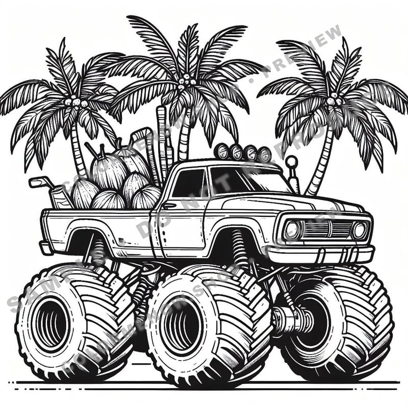 Tropical Monster Trucks Coloring Pages - Sample Page 1